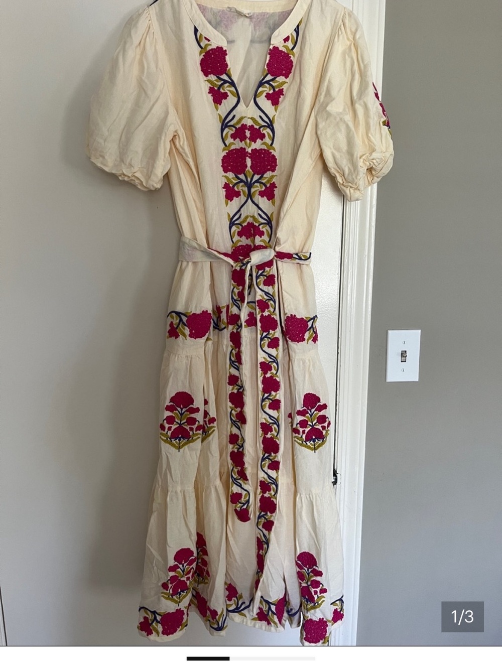 Roller Rabbit Cream Maxi Dress with Fuchsia Embroidery